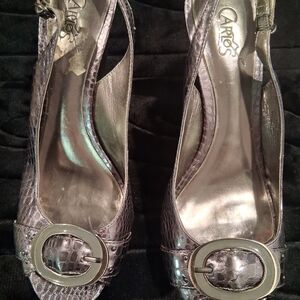 Carlos by Carlos Santana Silver Slingback Heels with Peep-Toe